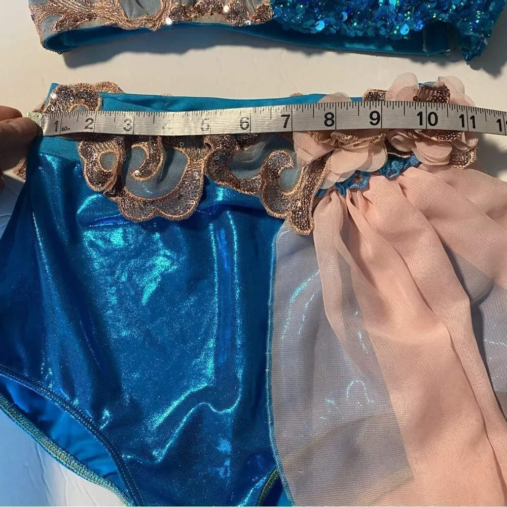 Glamour solo dance costume 2 piece blue pink sequin lace XLC-Extra large child